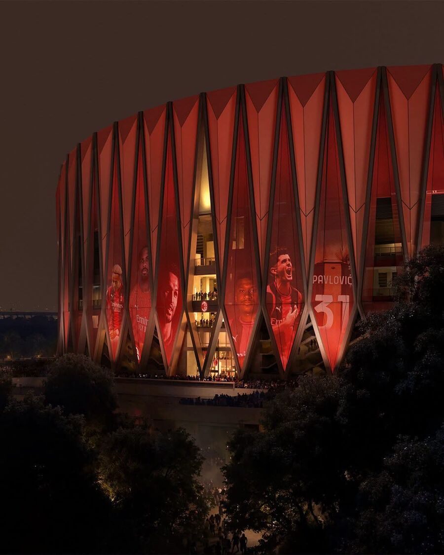 Façade du Generali Stadium avec des portraits de joueurs du Milan