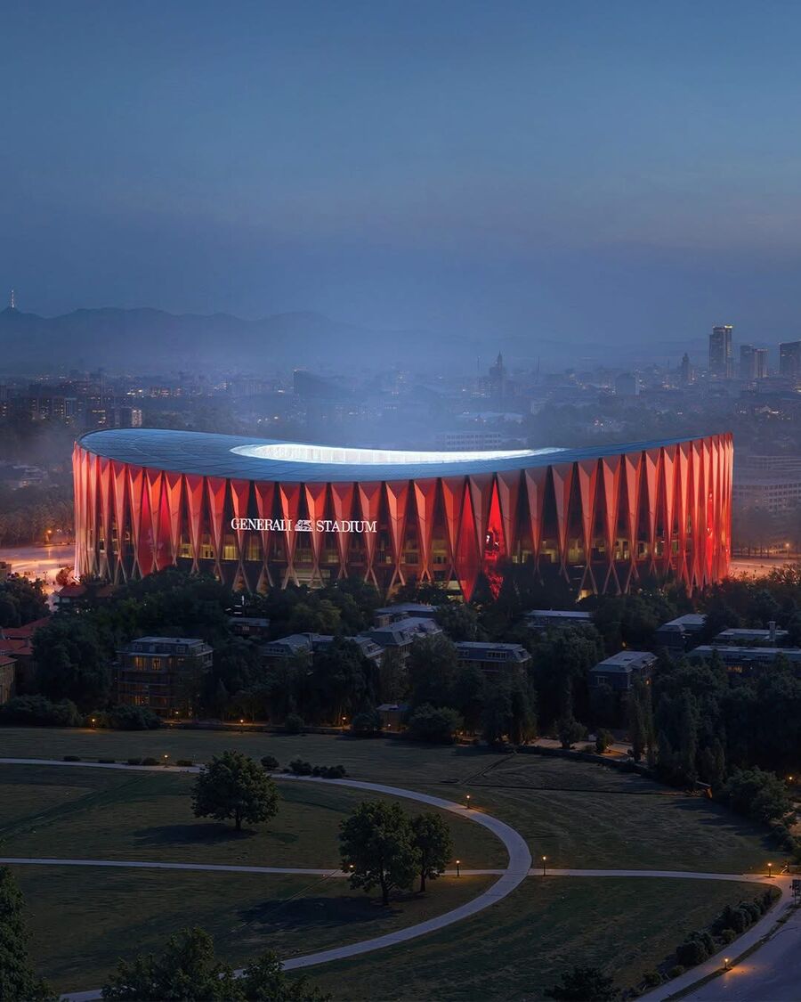 Le Generali Stadium illuminé en rouge, aux couleurs de l'AC Milan